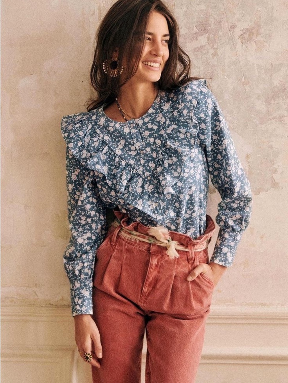 NWT!!! Sezane Chemise Angele-Blue Floral Ruffle Long-Sleeve Blouse
